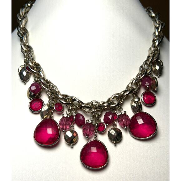 WHBM Faceted Dark Pink Gold Tone Bead Double Link Chain Necklace 18-19” - Picture 2 of 10